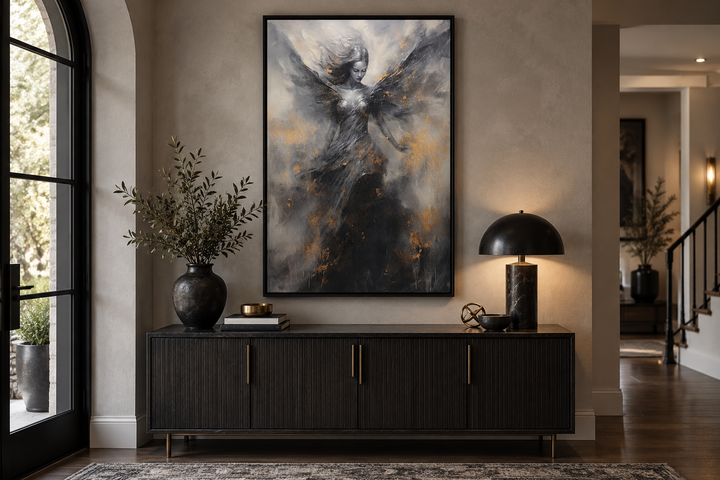 Dark Angel Framed Canvas Wall Art featuring a winged figure in black, grey, and gold tones.