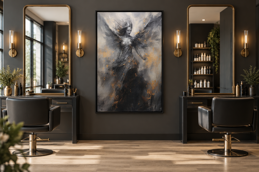 Dark Angel Framed Canvas Wall Art featuring a winged figure in black, grey, and gold tones.