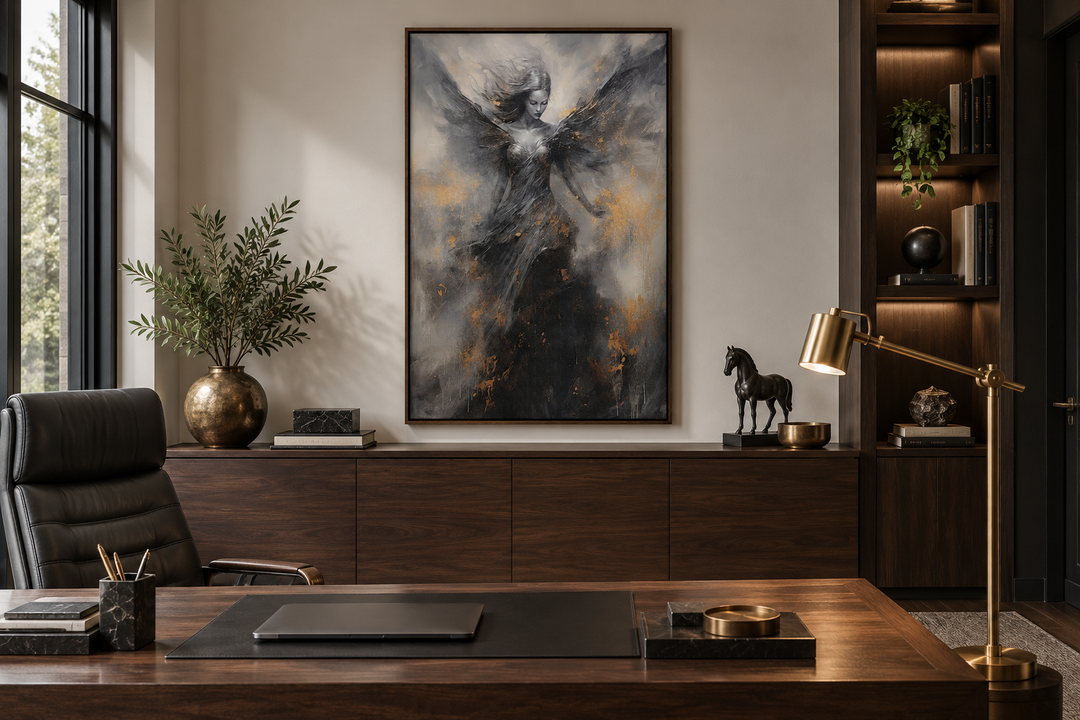 Dark Angel Framed Canvas Wall Art featuring a winged figure in black, grey, and gold tones.