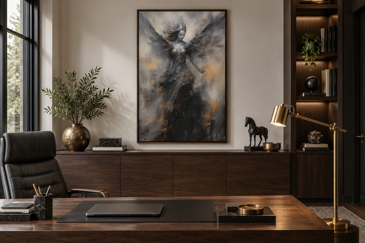 Dark Angel Framed Canvas Wall Art featuring a winged figure in black, grey, and gold tones.