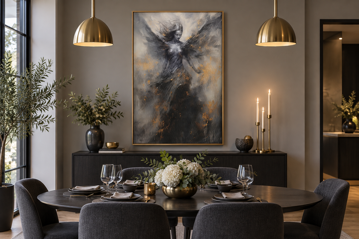 Dark Angel Framed Canvas Wall Art featuring a winged figure in black, grey, and gold tones.
