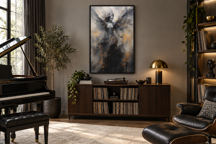 Dark Angel Framed Canvas Wall Art featuring a winged figure in black, grey, and gold tones.