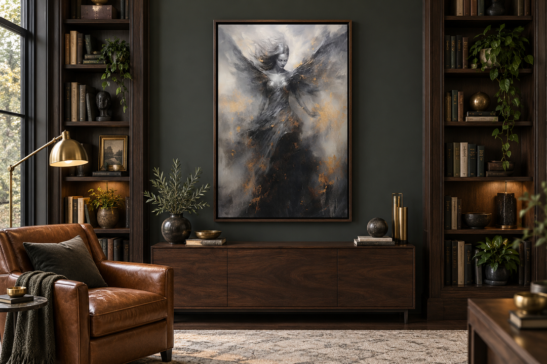 Dark Angel Framed Canvas Wall Art featuring a winged figure in a moody, dark-toned interior.