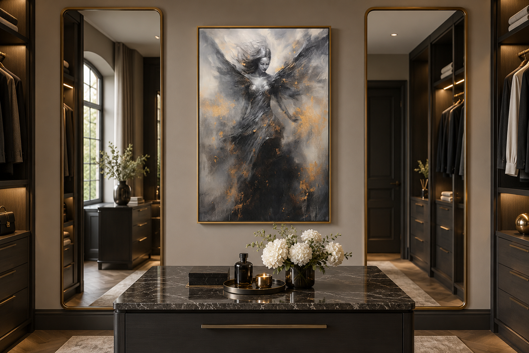 Dark Angel Framed Canvas Wall Art featuring a winged figure in black, grey, and gold tones.