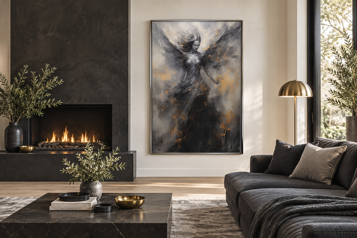 Dark Angel Framed Canvas Wall Art featuring a winged figure in black, grey, and gold tones.