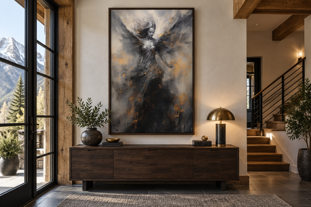 Dark Angel Framed Canvas Wall Art featuring a winged figure in black, grey, and gold tones.