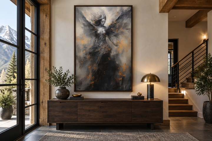 Dark Angel Framed Canvas Wall Art featuring a winged figure in black, grey, and gold tones.