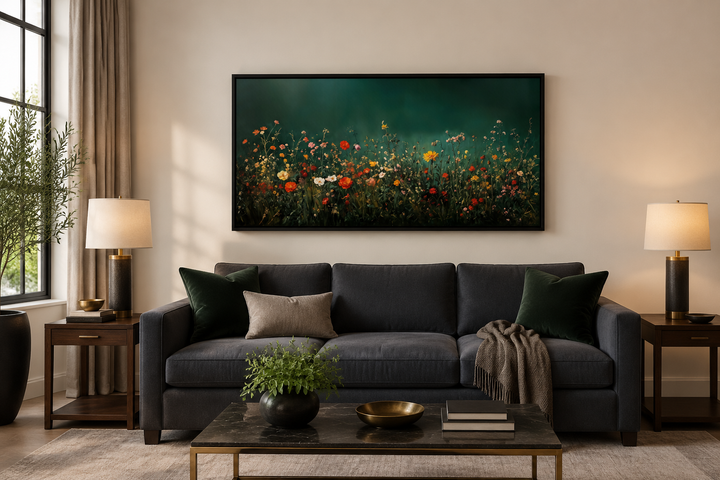 Dark moody green wildflowers field at night framed canvas wall art above a dark grey sofa.