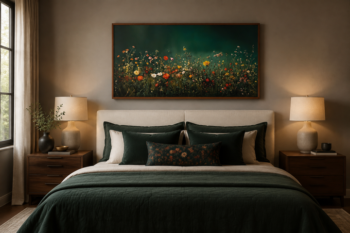 Framed canvas wall art of colorful wildflowers in a dark green field at night above a bed.