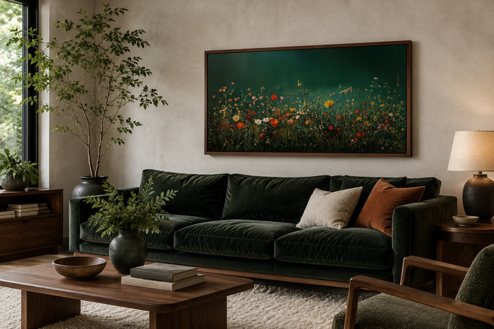 Dark moody green wildflowers field at night framed canvas wall art above a green velvet sofa.