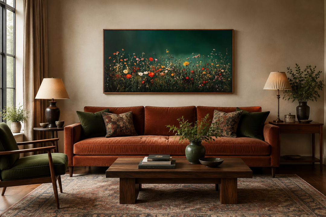 Dark moody green wildflowers field at night framed canvas wall art above a rust-colored sofa.