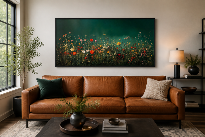 Dark moody green wildflowers field at night framed canvas wall art above a brown leather sofa.
