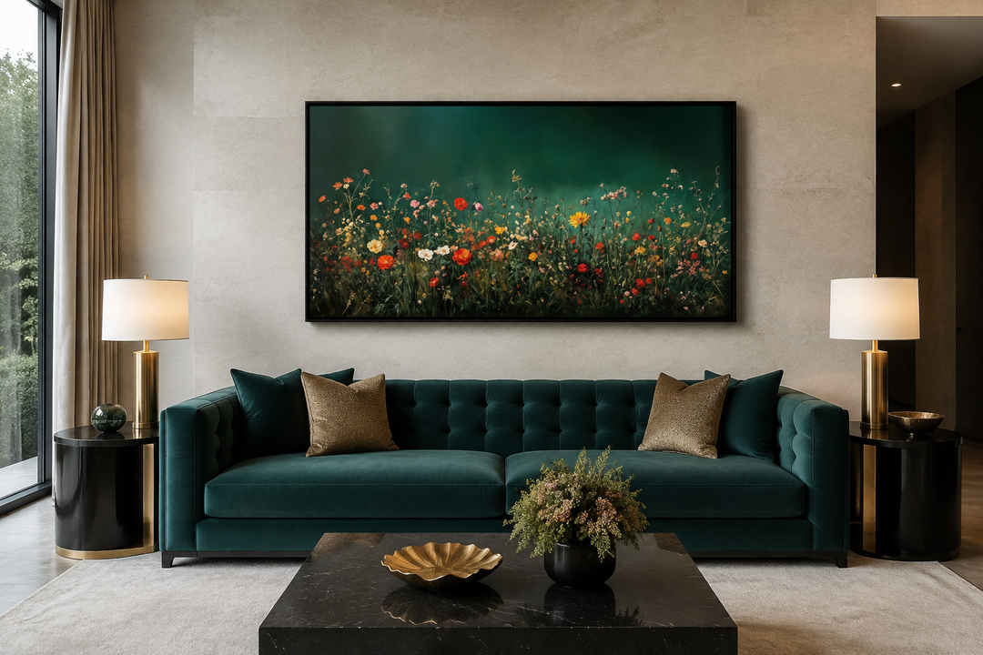 Dark moody green wildflowers field at night framed canvas wall art above a green velvet sofa.
