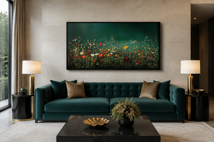 Dark moody green wildflowers field at night framed canvas wall art above a green velvet sofa.