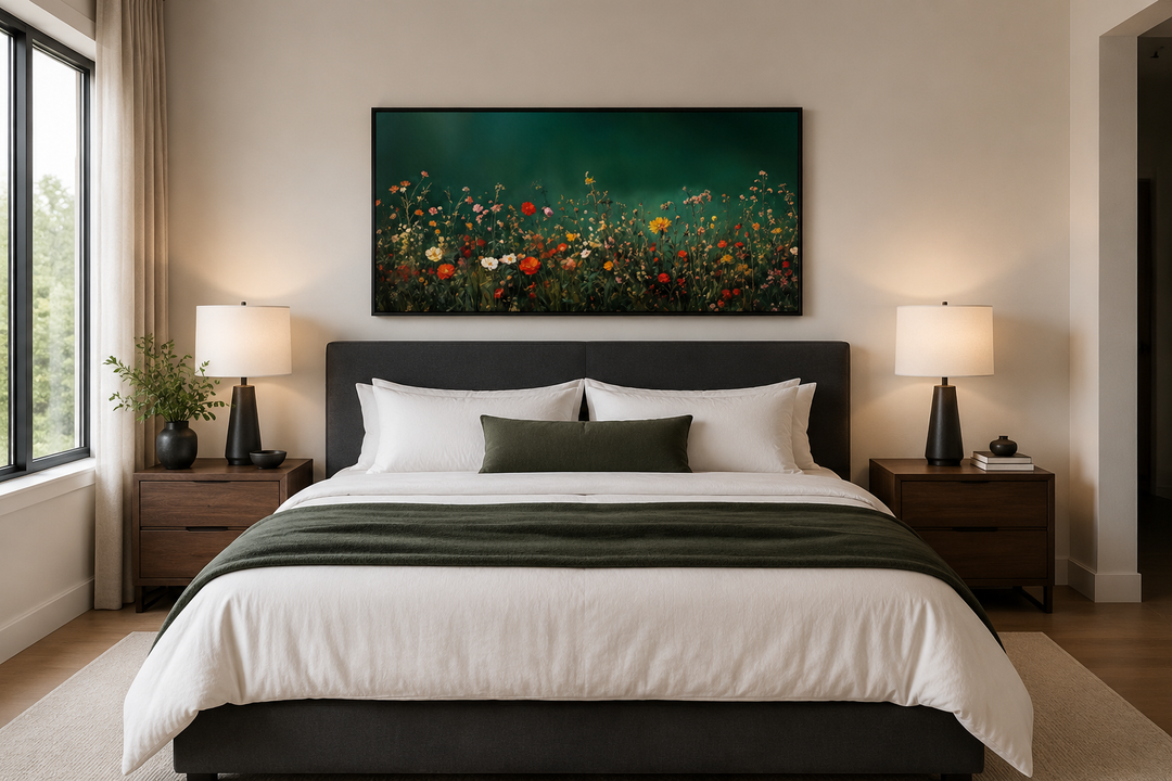 Dark moody green wildflowers field at night framed canvas wall art hanging above a bed.