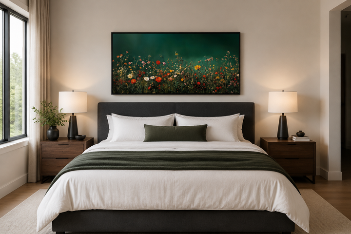 Dark moody green wildflowers field at night framed canvas wall art hanging above a bed.