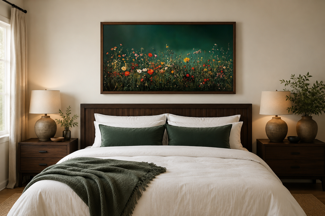 Framed canvas wall art of colorful wildflowers in a dark green field at night above a bed.