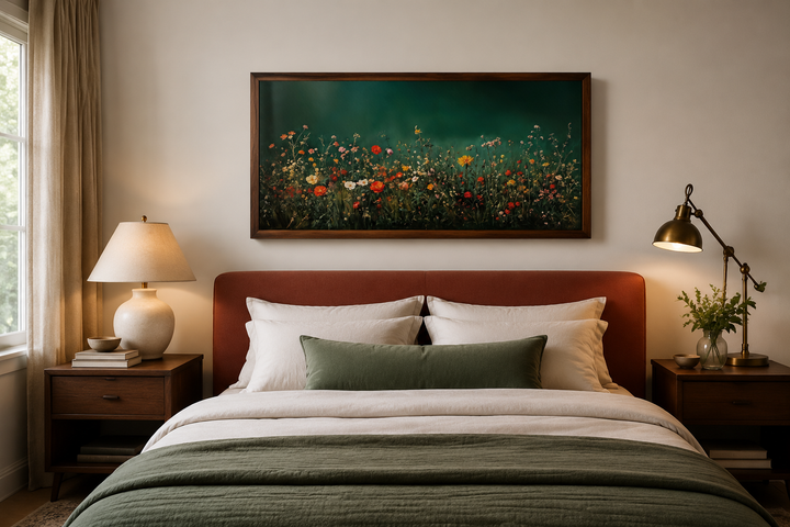Dark moody green wildflowers field at night framed canvas wall art hanging above a bed.