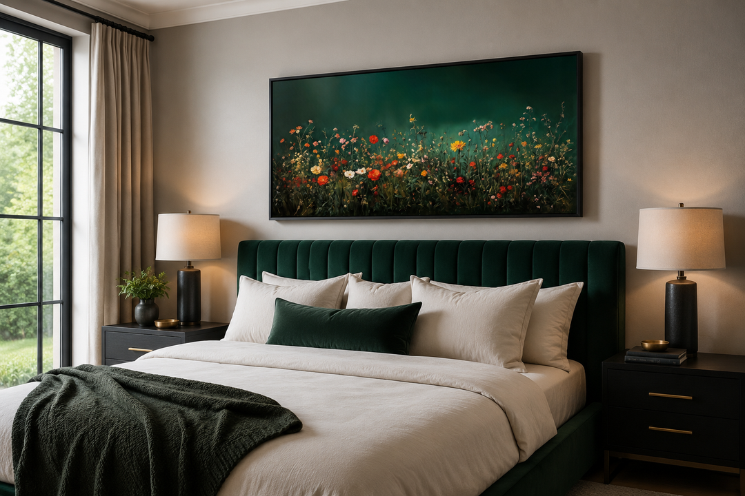 Dark moody green wildflowers field at night framed canvas wall art hanging above a bed.