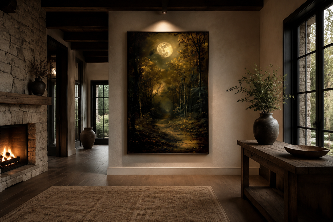 Dark Moonlit Gothic Forest framed wall art hanging in a moody, rustic living room.