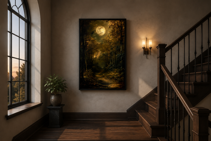 Framed wall art of a dark moonlit gothic forest hanging in a moody hallway near a staircase.