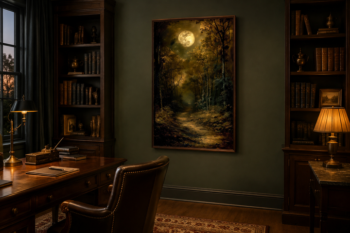Framed gothic wall art of a dark forest path under a full moon in a moody study room.
