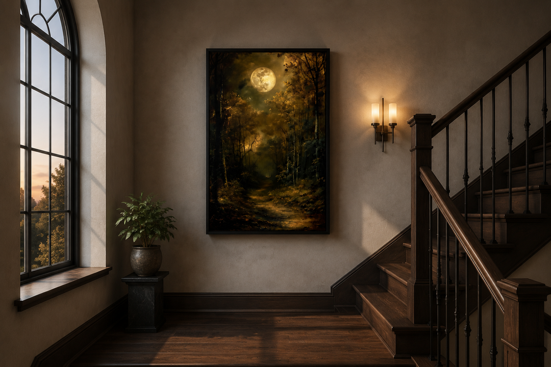 Framed wall art of a dark, moonlit gothic forest hanging in a moody hallway near a staircase.