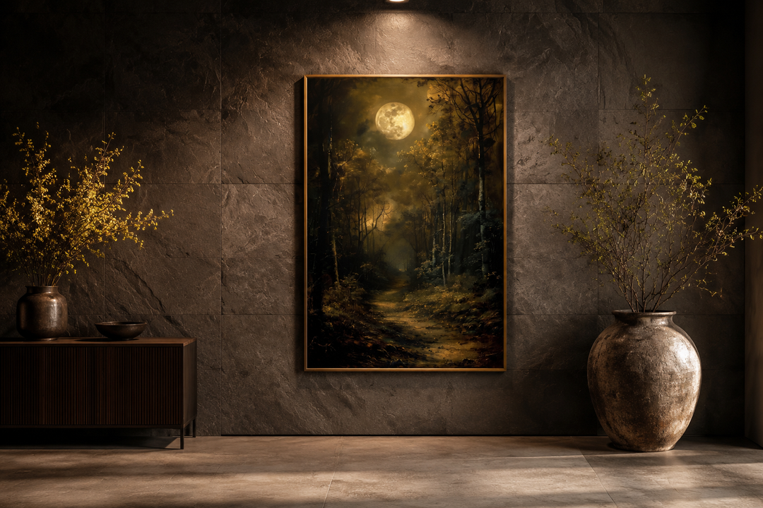 Framed gothic wall art of a dark forest path under a full moon, displayed in a moody room.