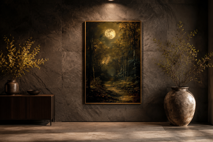 Framed gothic wall art of a dark forest path under a full moon, displayed in a moody room.