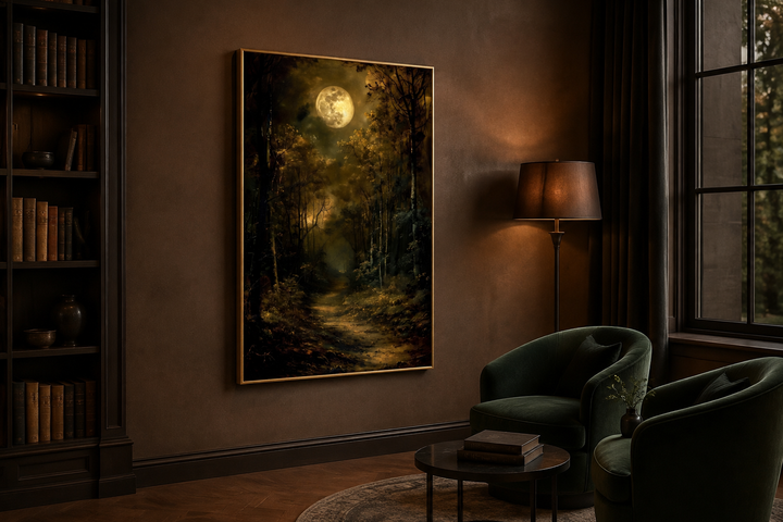 Dark Moonlit Gothic Forest framed wall art hanging in a moody, dark academia style room.