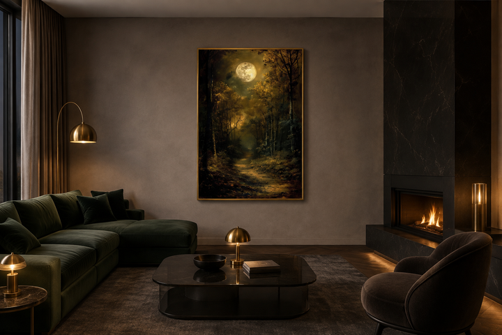 Dark Moonlit Gothic Forest framed wall art hanging in a moody, modern living room.