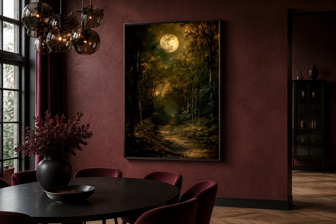 Dark Moonlit Gothic Forest framed wall art hanging in a moody dining room with red walls.