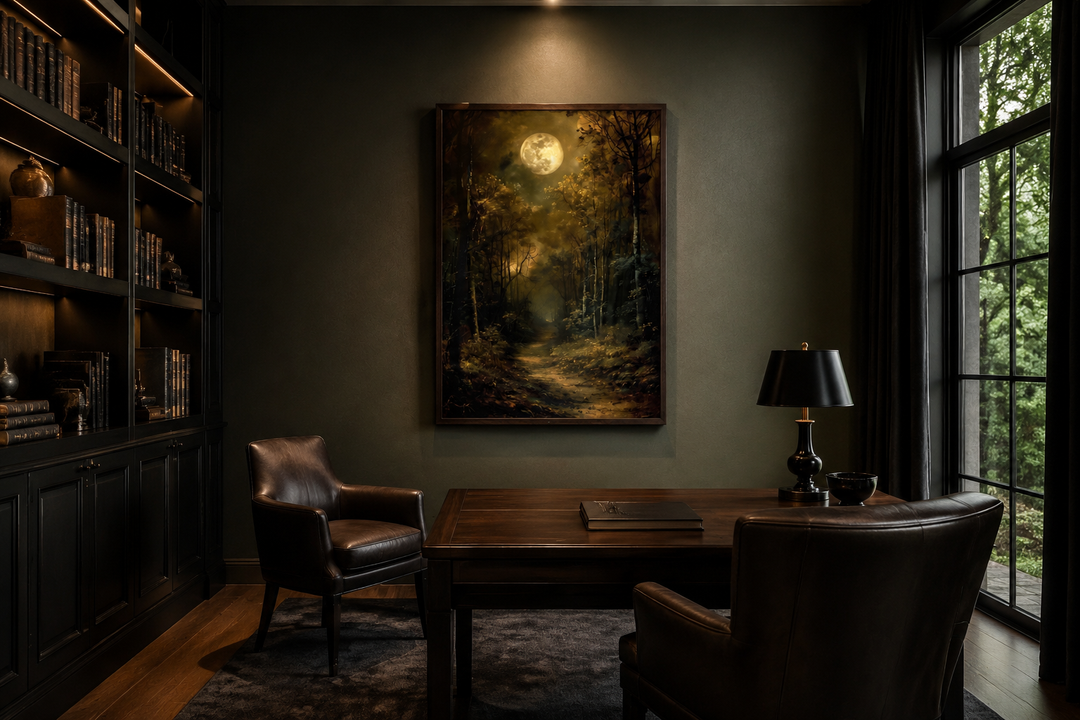 Framed gothic wall art of a dark moonlit forest hanging in a moody dark academia office.