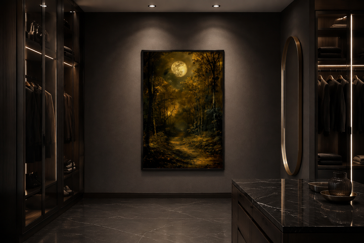 Framed wall art of a dark gothic forest under a full moon, displayed in a moody walk-in closet.