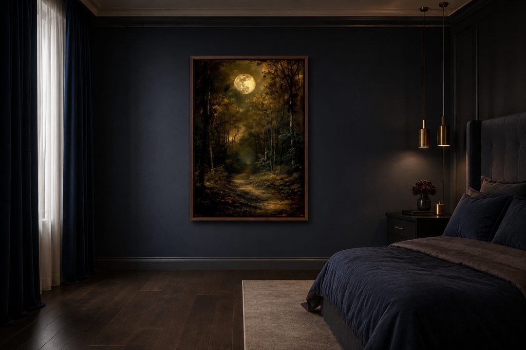 Dark Moonlit Gothic Forest framed wall art hanging in a moody, dark-toned bedroom.