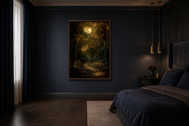 Dark Moonlit Gothic Forest framed wall art hanging in a moody, dark-toned bedroom.