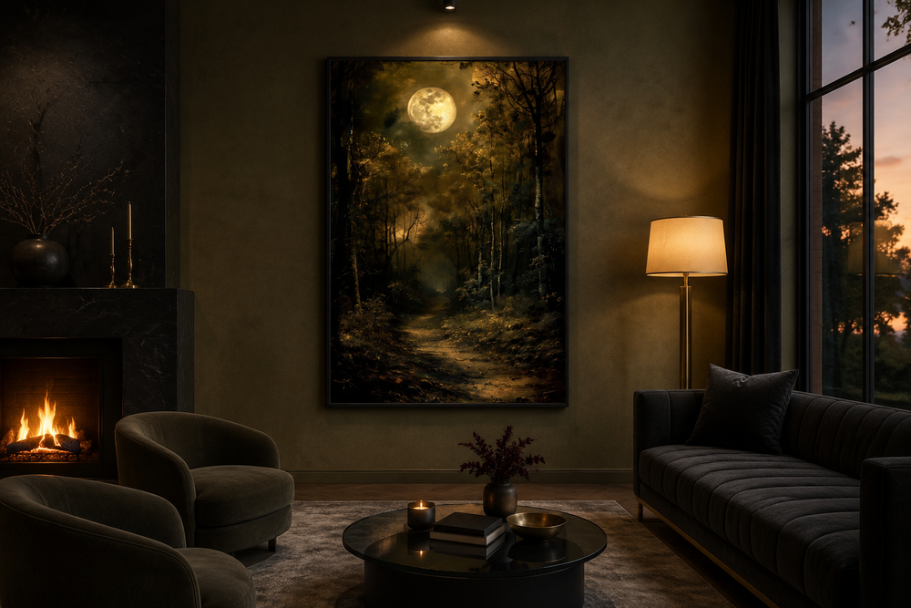 Framed wall art of a dark moonlit gothic forest hanging in a moody, modern living room.