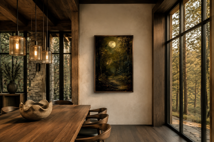 Framed wall art of a dark moonlit gothic forest hanging in a modern rustic dining room.