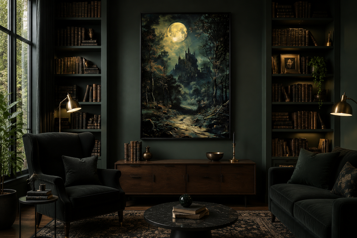 Framed canvas wall art of a gothic castle under a full moon in a dark, moody library setting.