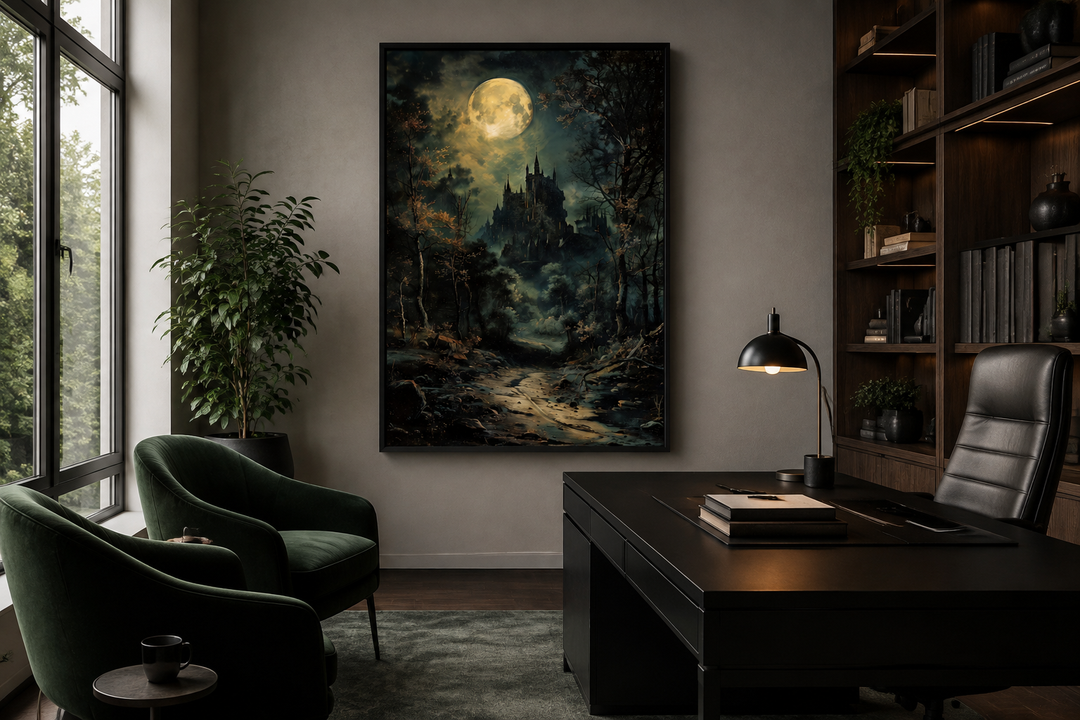 Dark moonlit gothic vampire castle framed canvas wall art hanging in a moody home office.