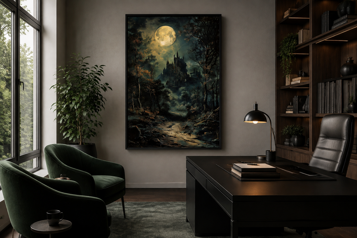 Dark moonlit gothic vampire castle framed canvas wall art hanging in a moody home office.