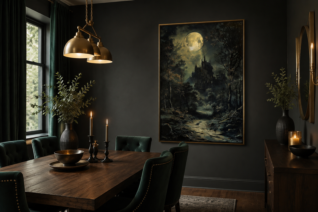 Dark moonlit gothic vampire castle framed canvas wall art hanging in a moody dining room.