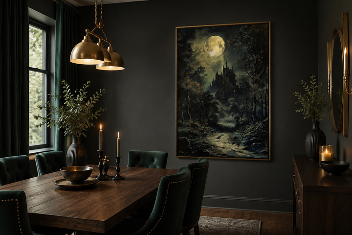 Dark moonlit gothic vampire castle framed canvas wall art hanging in a moody dining room.