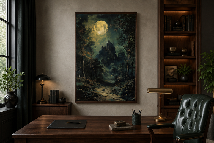 Dark moonlit gothic vampire castle framed canvas wall art hanging in a moody dark academia office.