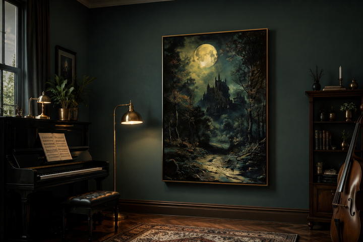 Dark moonlit gothic vampire castle framed canvas wall art hanging in a moody dark academia room.
