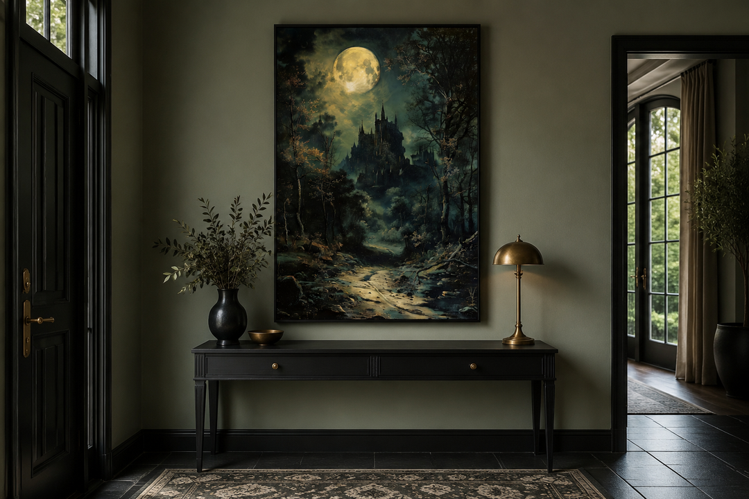 Dark moonlit gothic vampire castle framed canvas wall art hanging above a black console table.