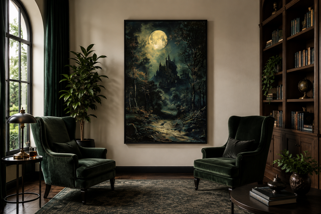 Dark moonlit gothic vampire castle framed canvas wall art in a moody dark academia living room.