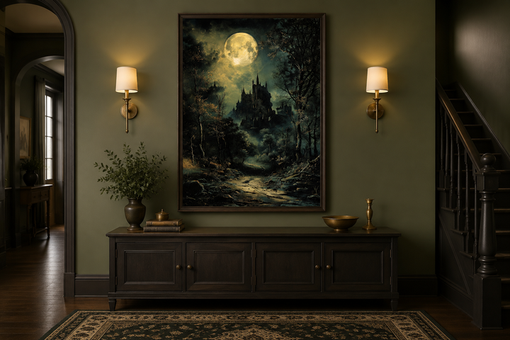 Dark moonlit gothic vampire castle framed canvas wall art hanging in a moody green room.