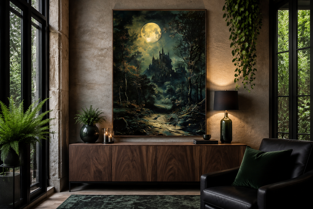 Dark moonlit gothic vampire castle framed canvas wall art hanging above a wooden sideboard.