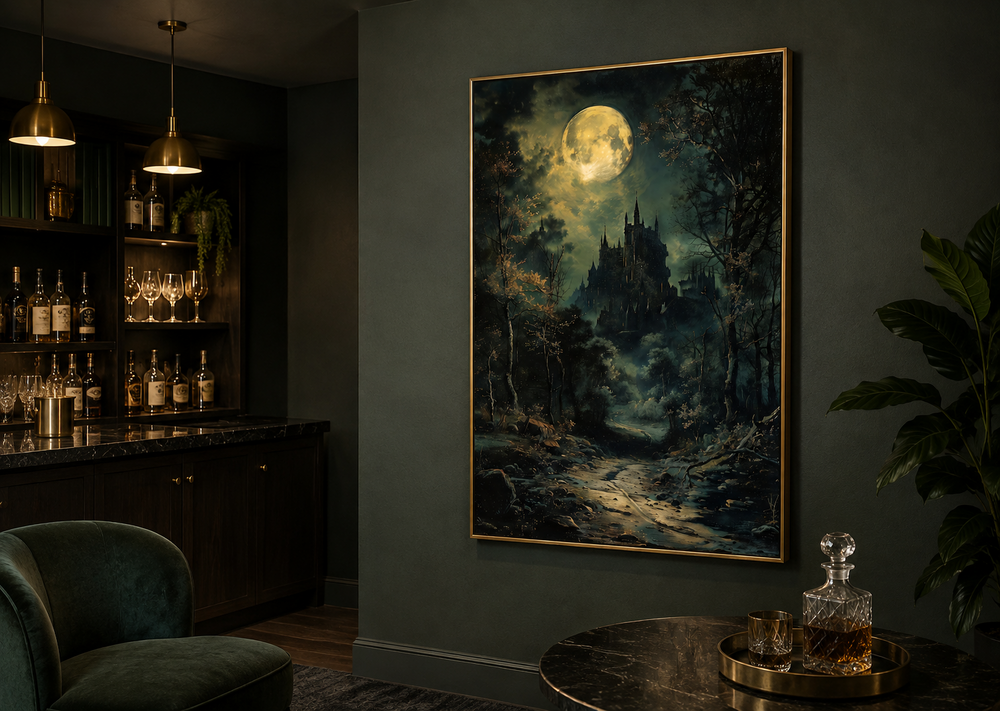 Dark moonlit gothic vampire castle framed canvas wall art hanging in a moody, dark-toned room.